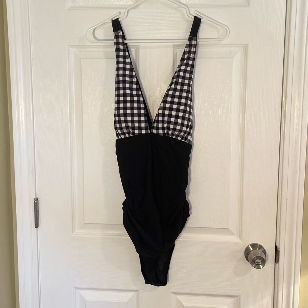 Black and White Gingham Ruched One Piece Swimsuit by Cupshe - Picture 3 of 8